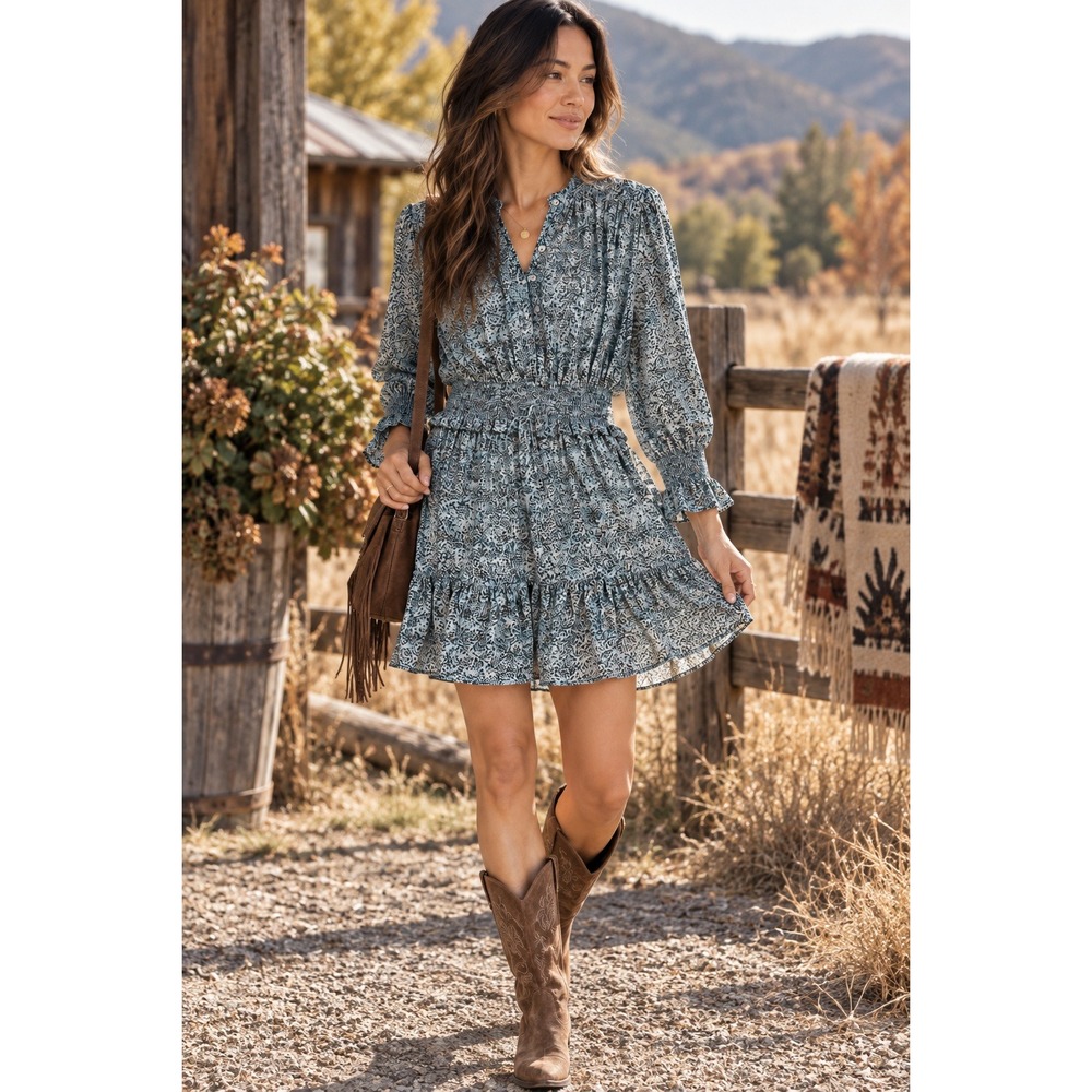 Rebecca Minkoff Blue Abstract Print Smocked Waist Tiered Mini Dress Coquette XS